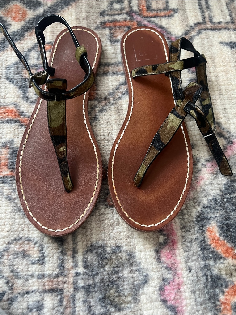 Gap-  camo pony hair t-strap sandals.